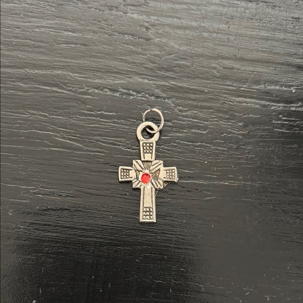 Silver Cross Pendant with Red Gem